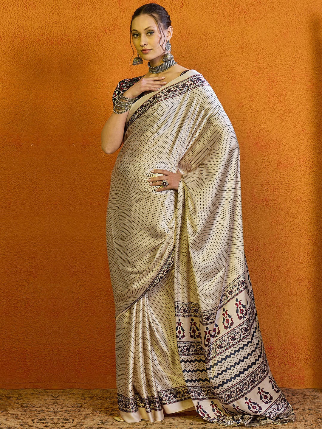 

Mitera Polka Dot Satin Block Print Saree, Cream