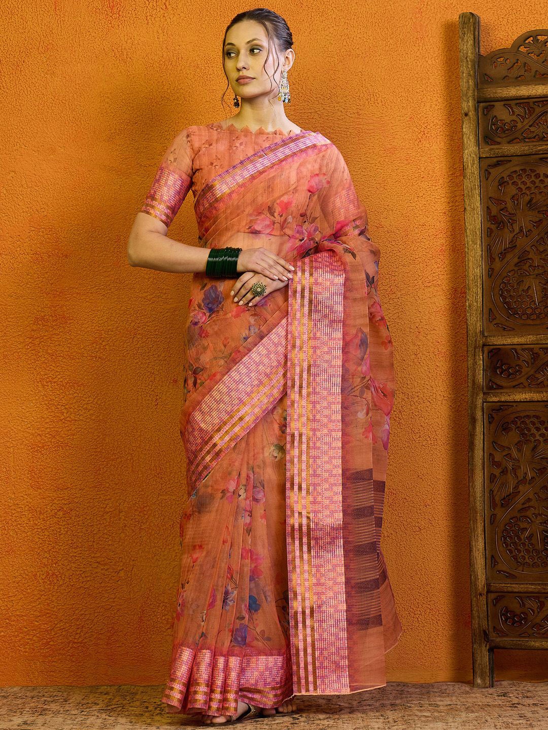 

Mitera Floral Organza Ethnic Printed Bagru Saree, Peach