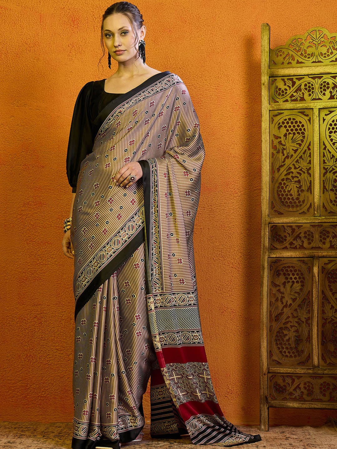 

Mitera Striped Satin Block Print Saree, Beige