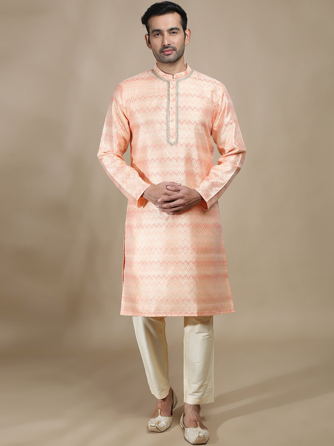 

FILORI Geometric Woven Design Thread Work Brocade Straight Kurta, Peach