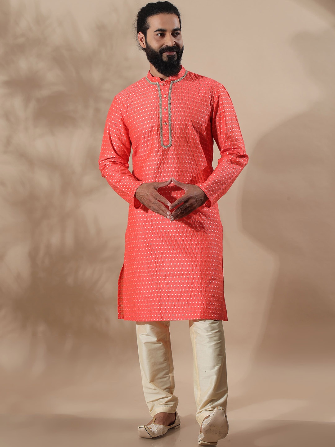 

FILORI Mandarin Collar Thread Work Art Silk Jacquard Straight Kurta, Coral