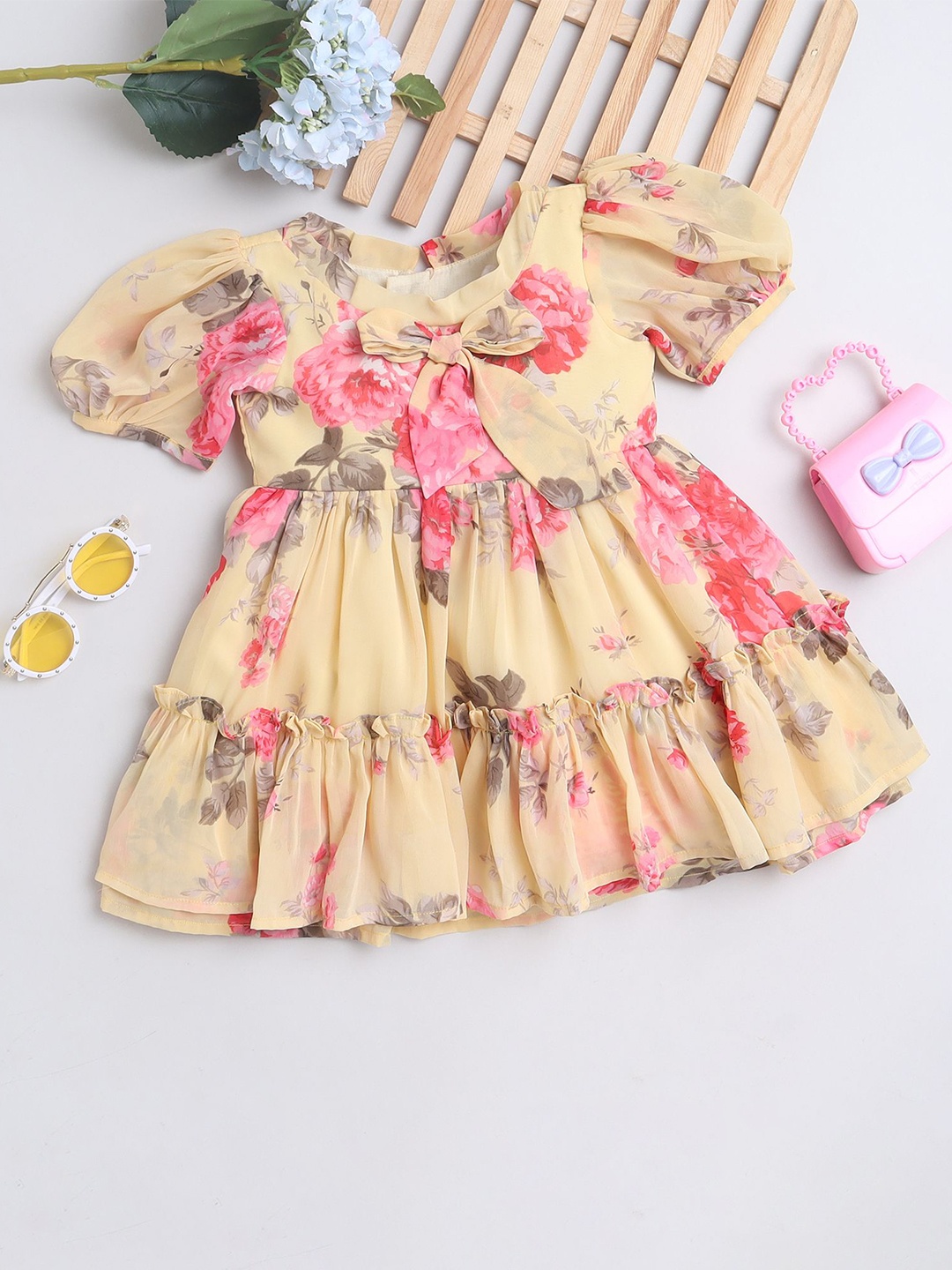 MANY FROCKS & Girls Floral Printed Fit & Flare Dress, Yellow