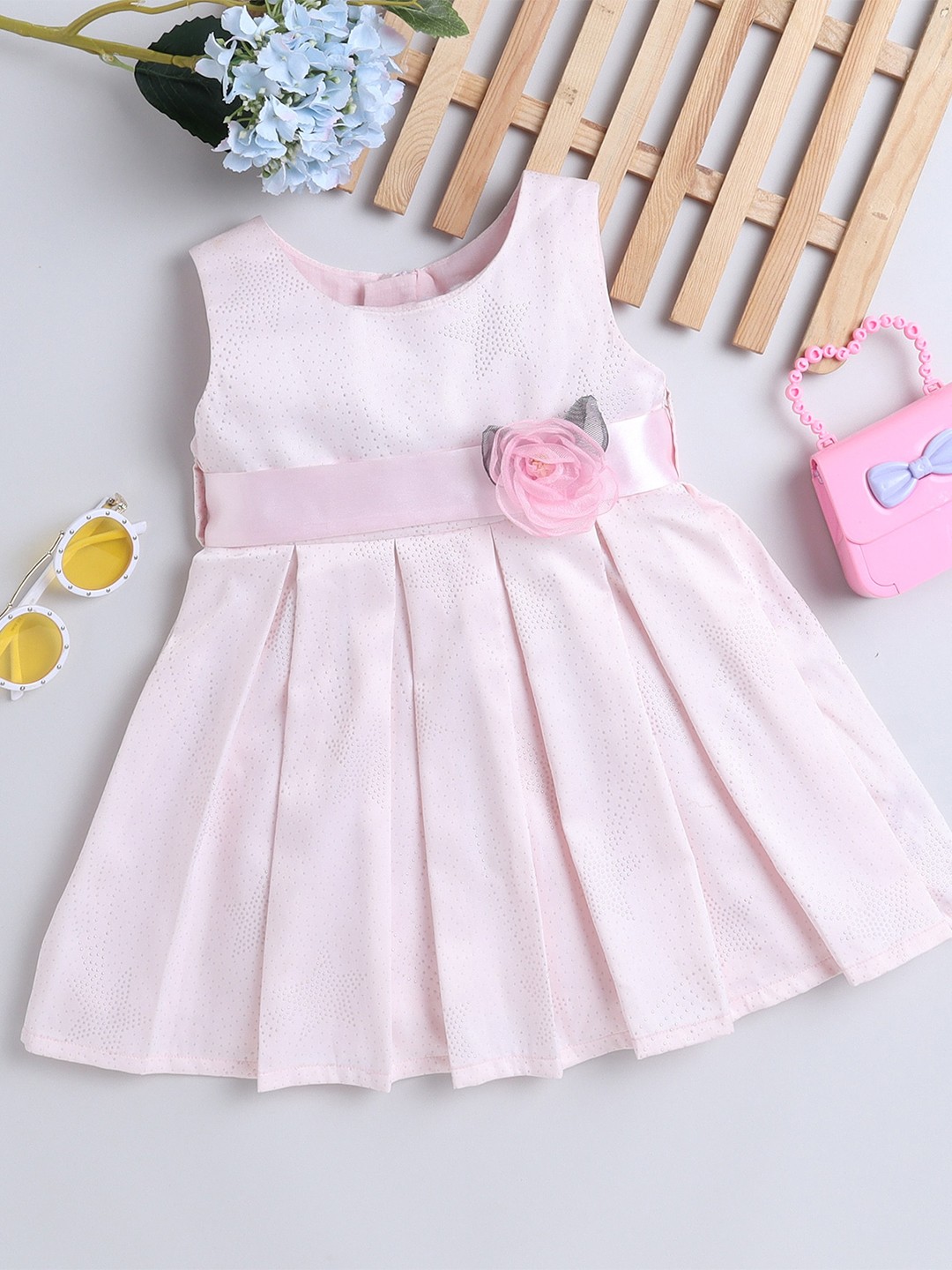 

MANY FROCKS & Girls Embellished Round Neck Satin Fit & Flare Dress, Pink