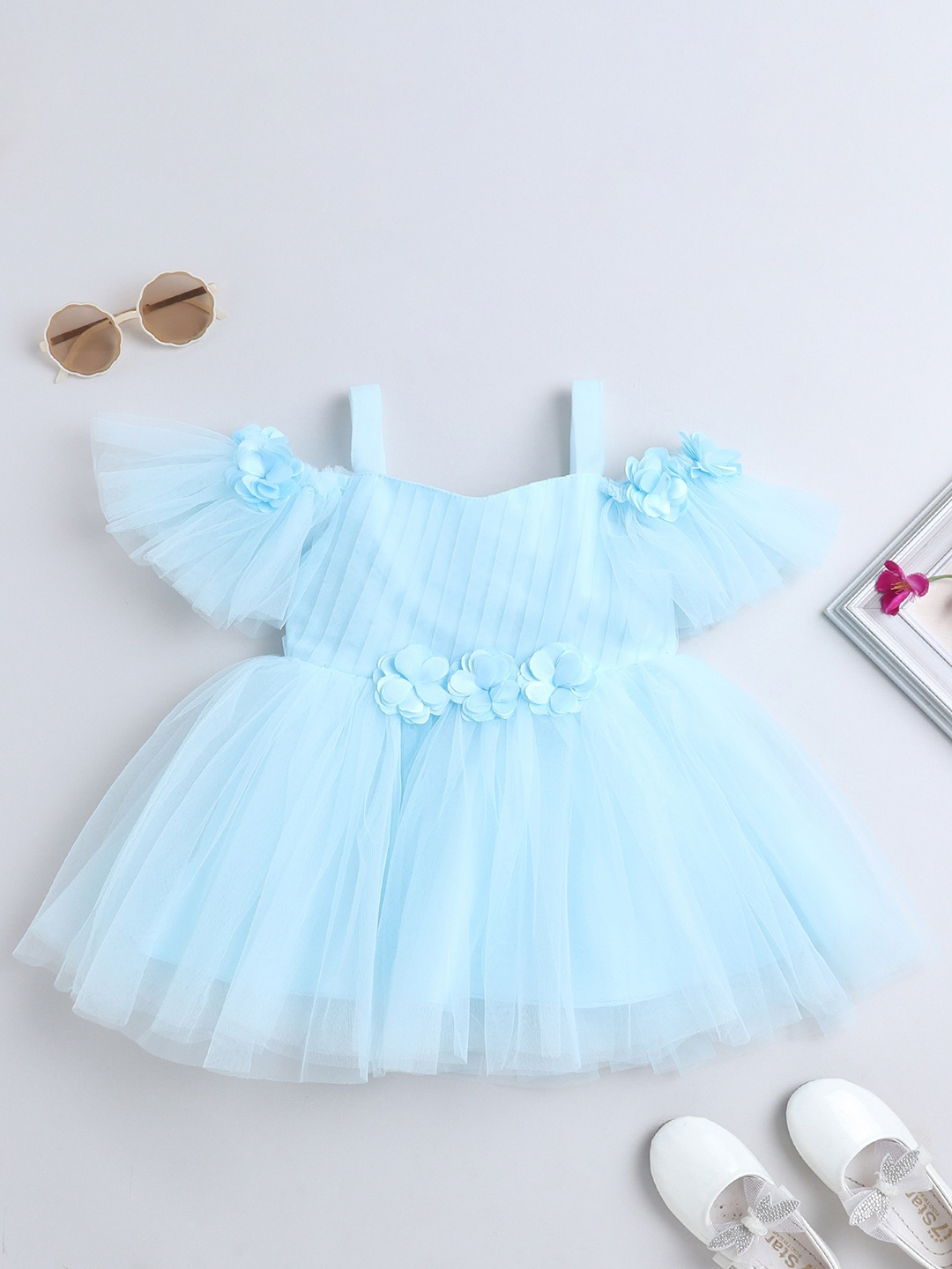 

MANY FROCKS & Girls Self Design Shoulder Straps Embellished Net Fit & Flare Dress, Blue