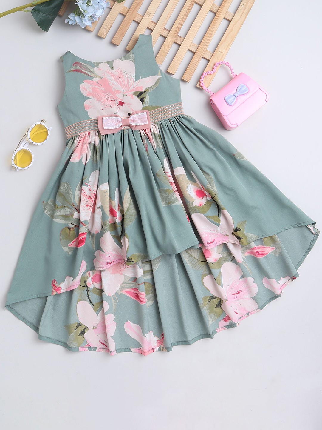 

MANY FROCKS & Girls Floral Printed Sleeveless Fit & Flare Dress, Green