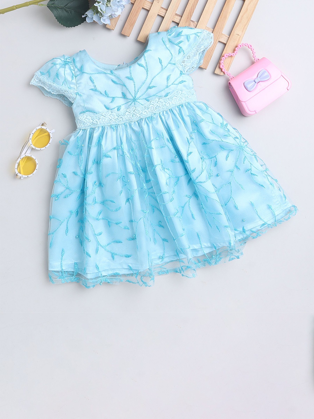 

MANY FROCKS & Girls Floral Printed Cap Sleeves Net Fit & Flare Dress, Blue