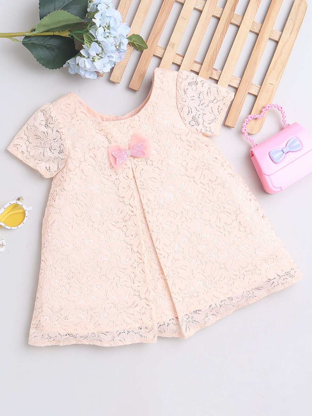 

MANY FROCKS & Girls Self Design Bow Detailed Net A-Line Dress, Peach