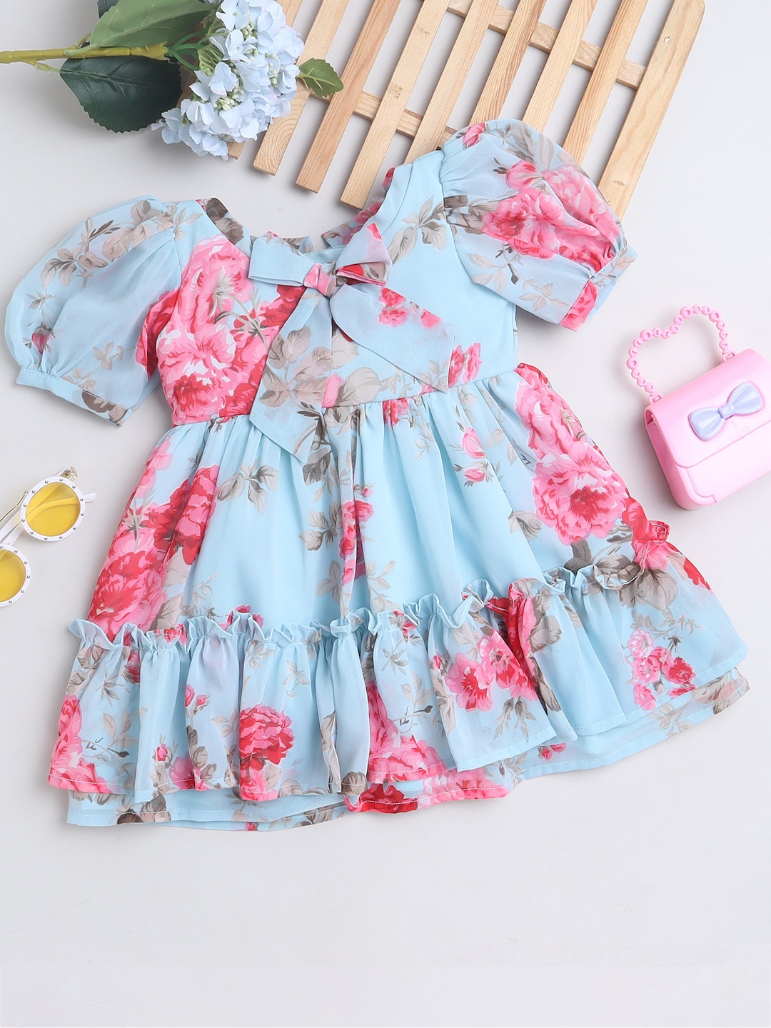 

MANY FROCKS & Girls Floral Printed Puff Sleeves Fit & Flare Dress, Blue