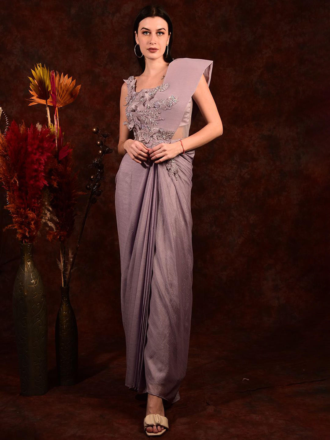 

Laalzari Square Neck Embellished Silk Maxi Gown Dress, Lavender
