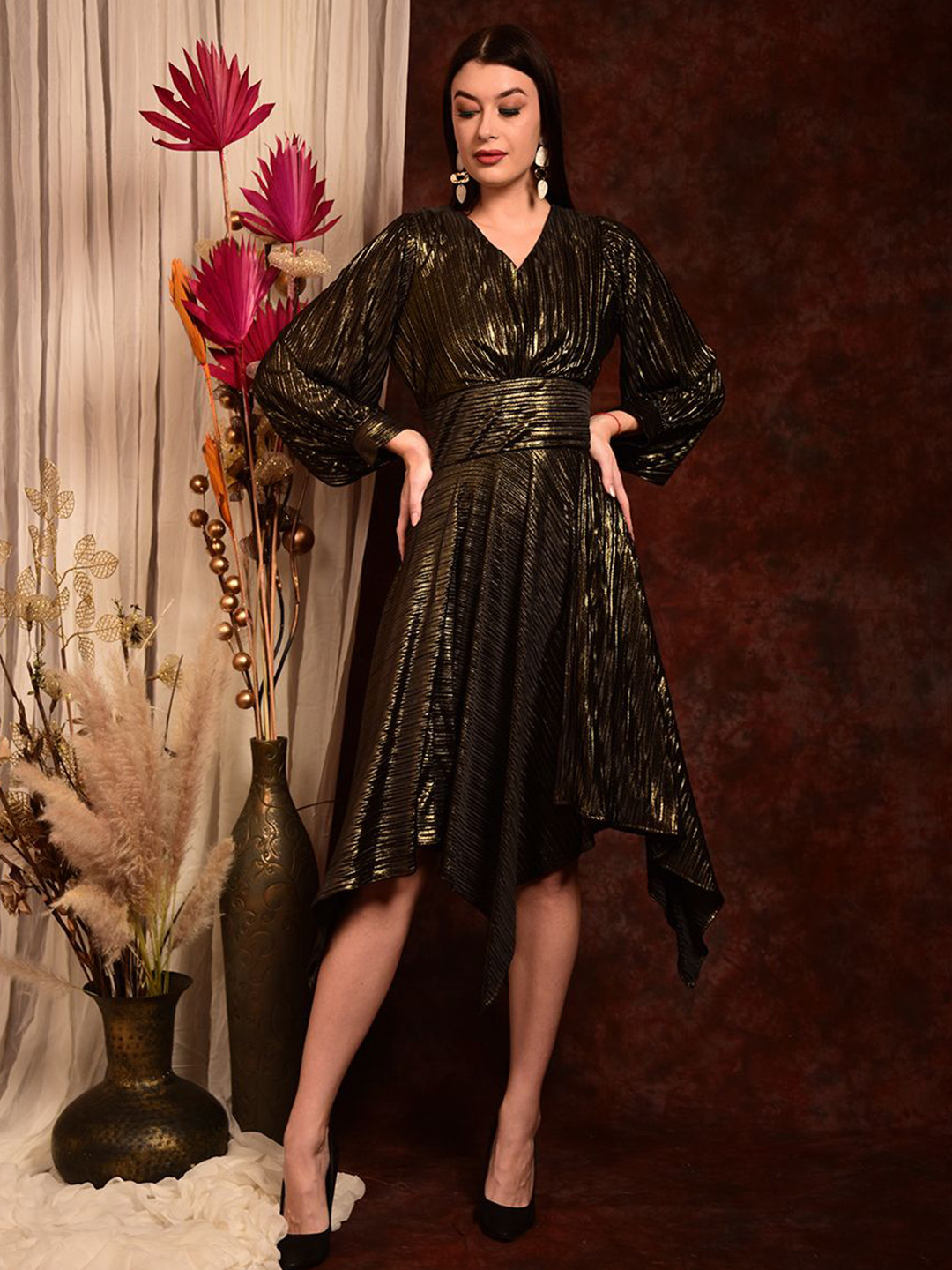 

Laalzari Embellished Satin Fit & Flare Dress, Gold
