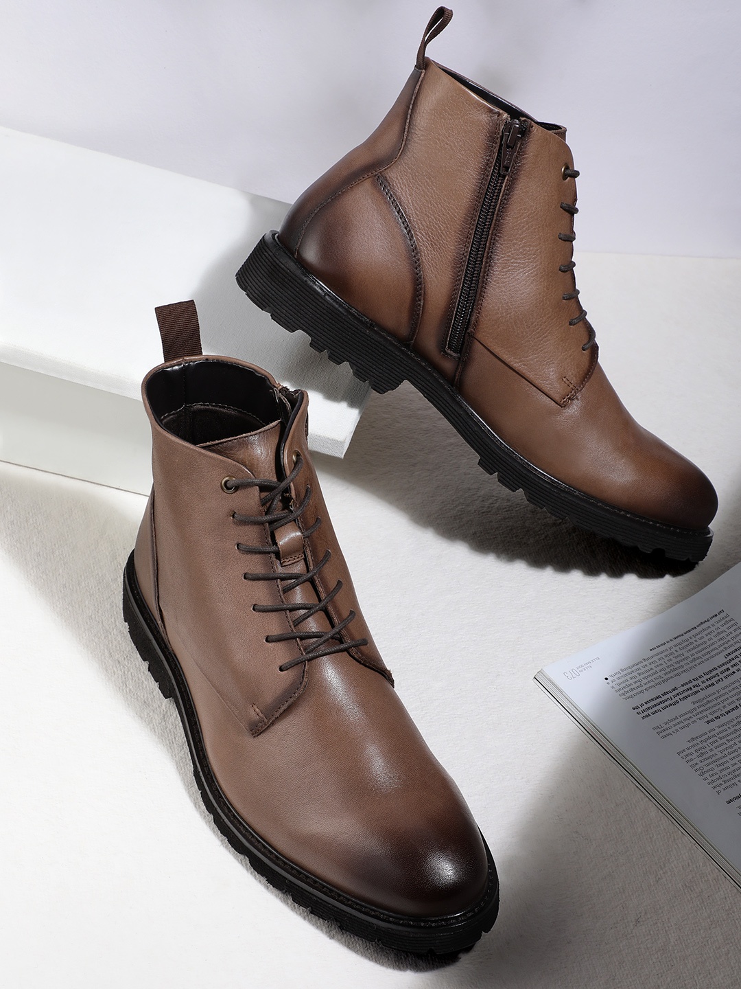 

French Connection Men Mid-Top Solid Leather Boots, Brown