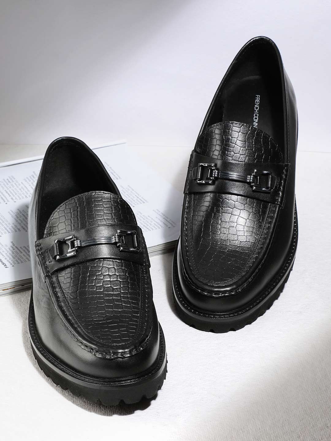 

French Connection Men Textured Horsebit Leather Loafers, Black