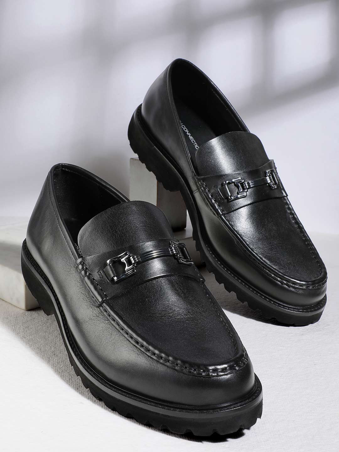 

French Connection Men Horsebit Leather Loafers, Black