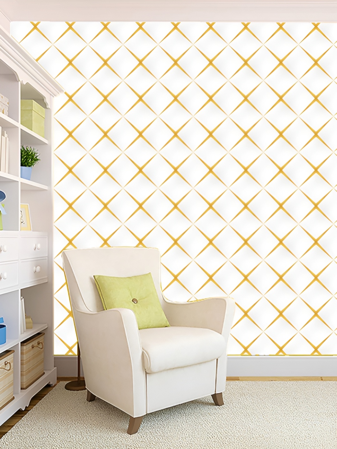 

KSHIRSA White & Yellow Self Adhesive 3D Printed Wall Sticker
