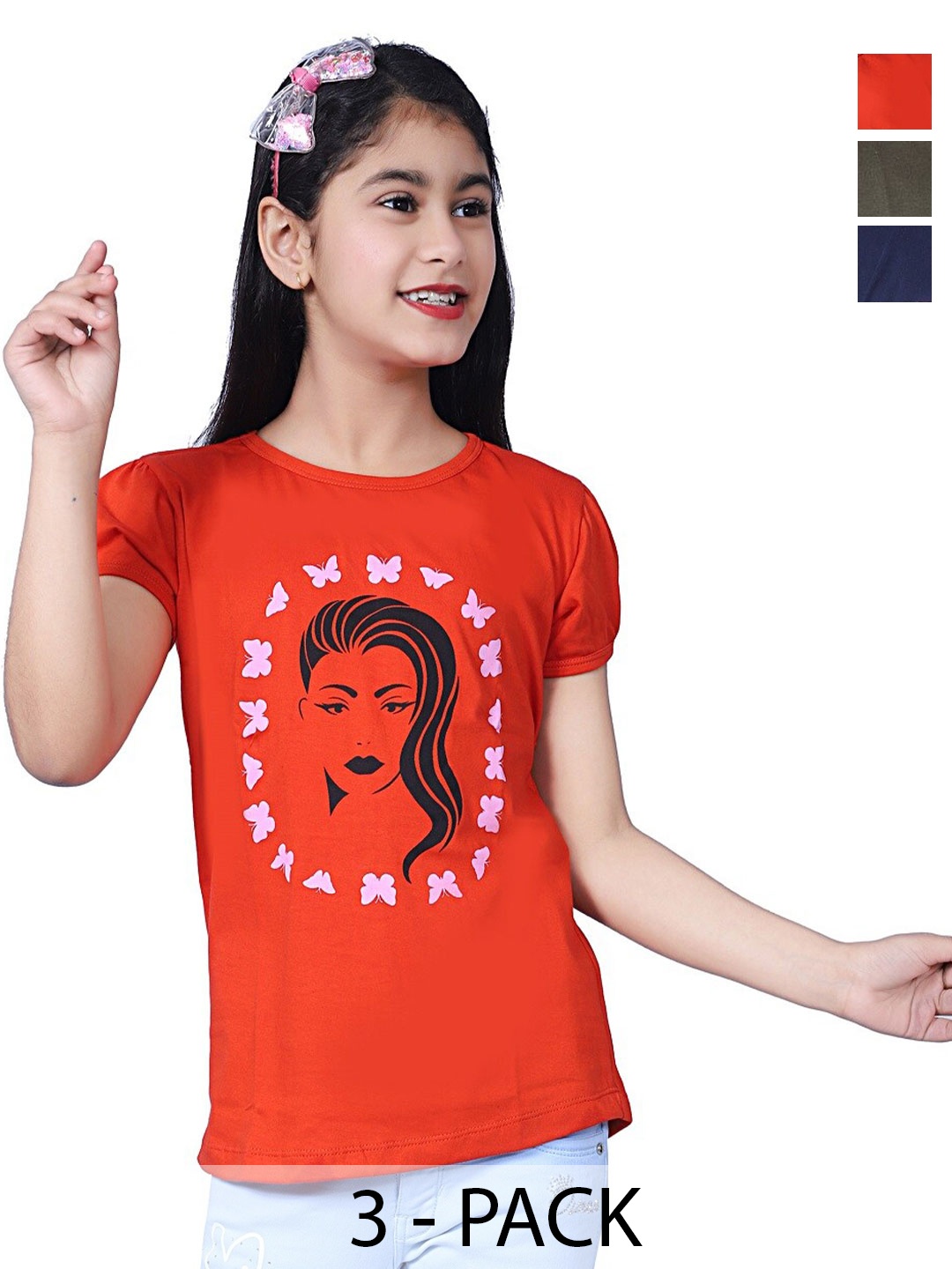 

BAESD Girls Pack Of 3 Printed Pure Cotton T-shirt, Red