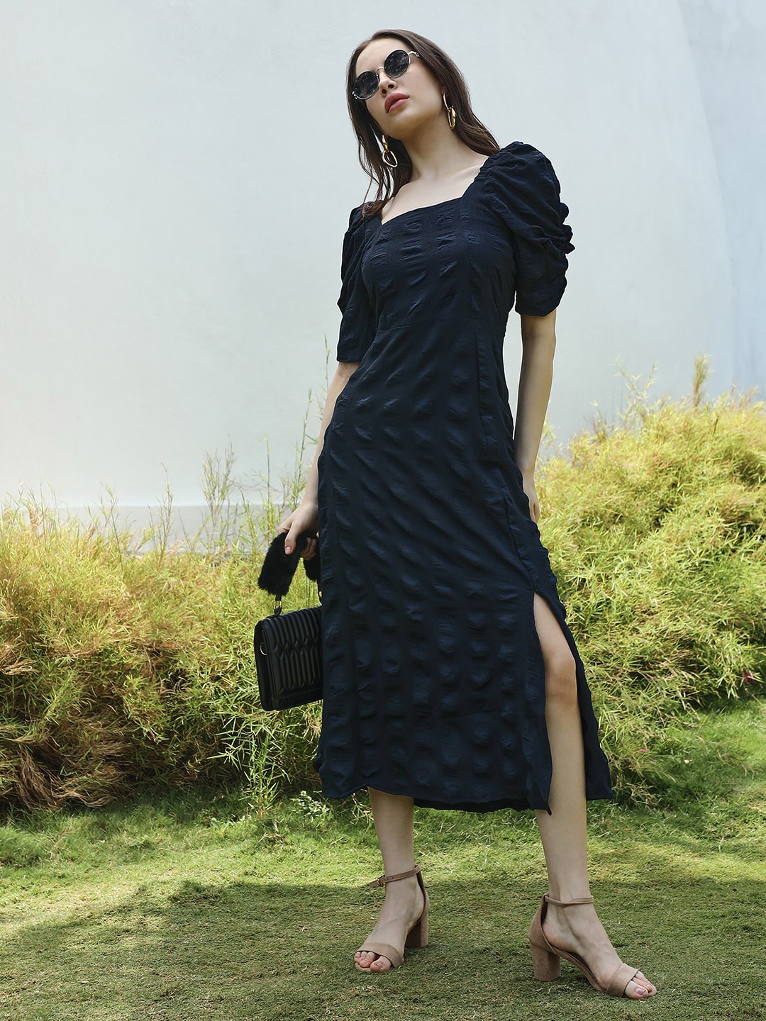 

PINACOLADA Square Neck Puff Sleeves A-Line Midi Creased Dress, Blue