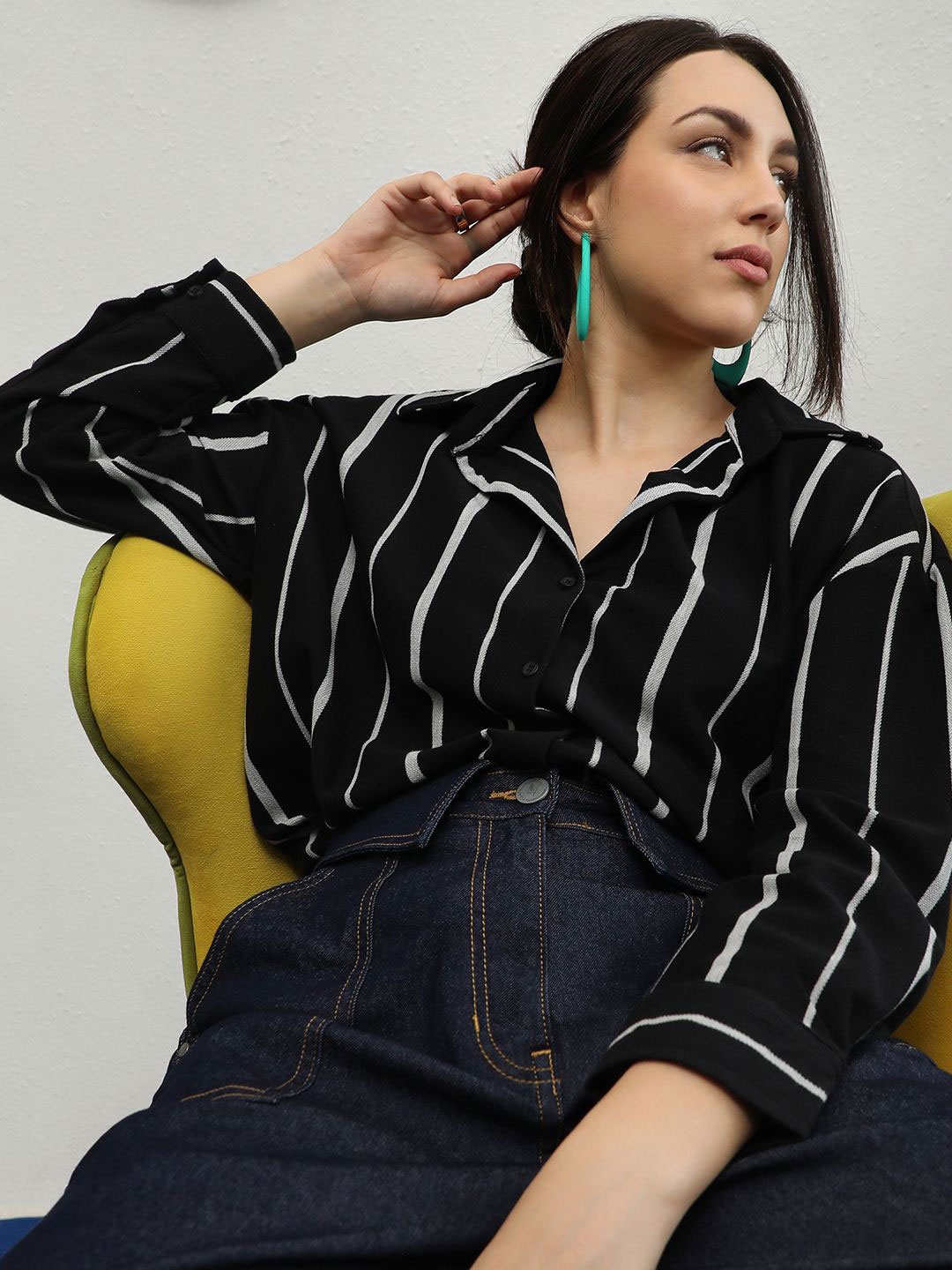 

PINACOLADA Spread Collar Long Sleeves Striped Cotton Oversized Casual Shirt, Black