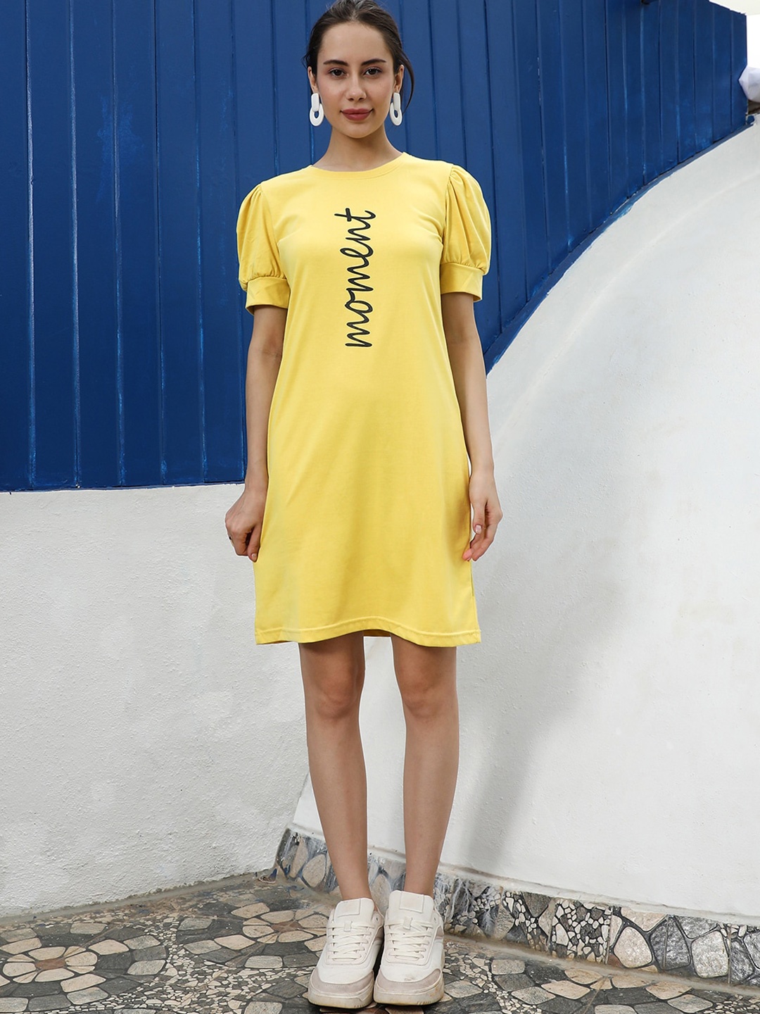 

PINACOLADA Round Neck Puff Sleeves T-Shirt Dress, Yellow