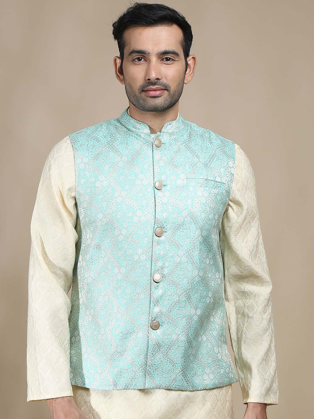 

FILORI Woven Design Brocade Art Silk Nehru Jacket, Teal