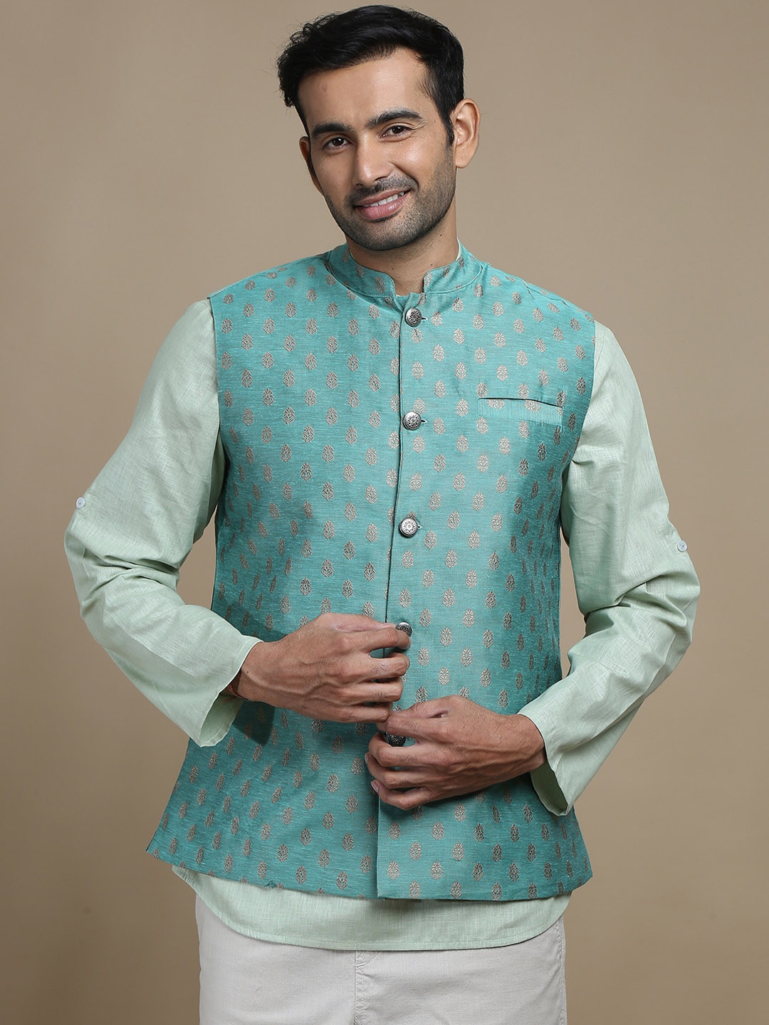 

FILORI Woven Design Nehru Jacket, Teal