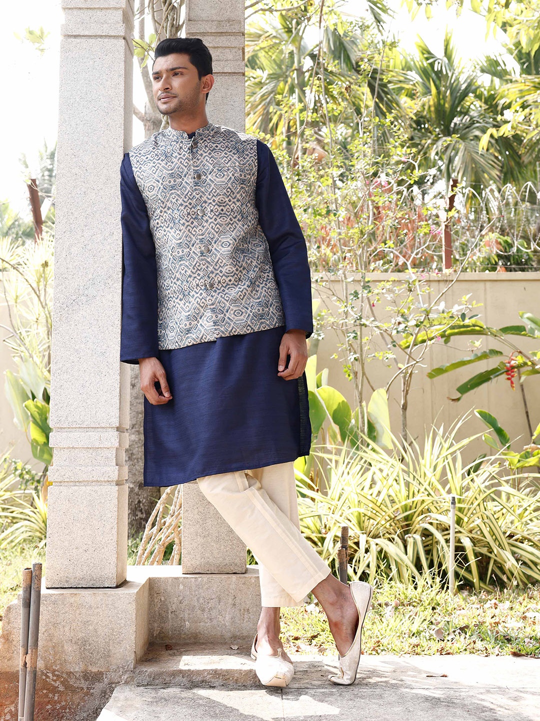 

FILORI Printed Nehru Jacket, Blue