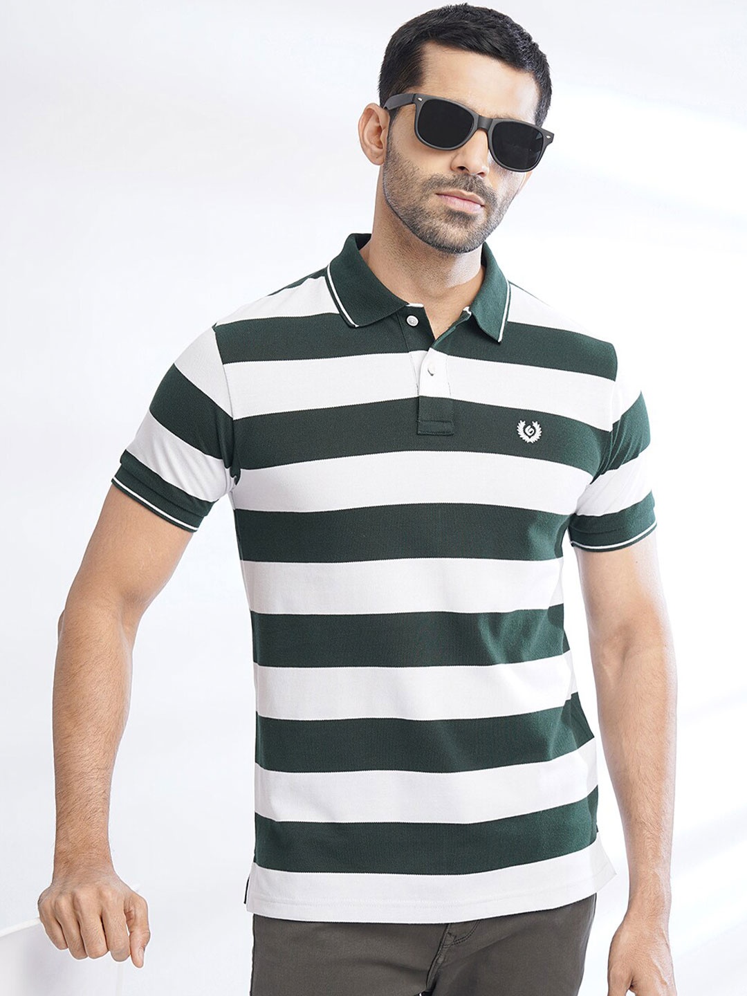 

Greenfibre Striped Polo Collar Monochrome Cotton Slim Fit T-shirt, Green