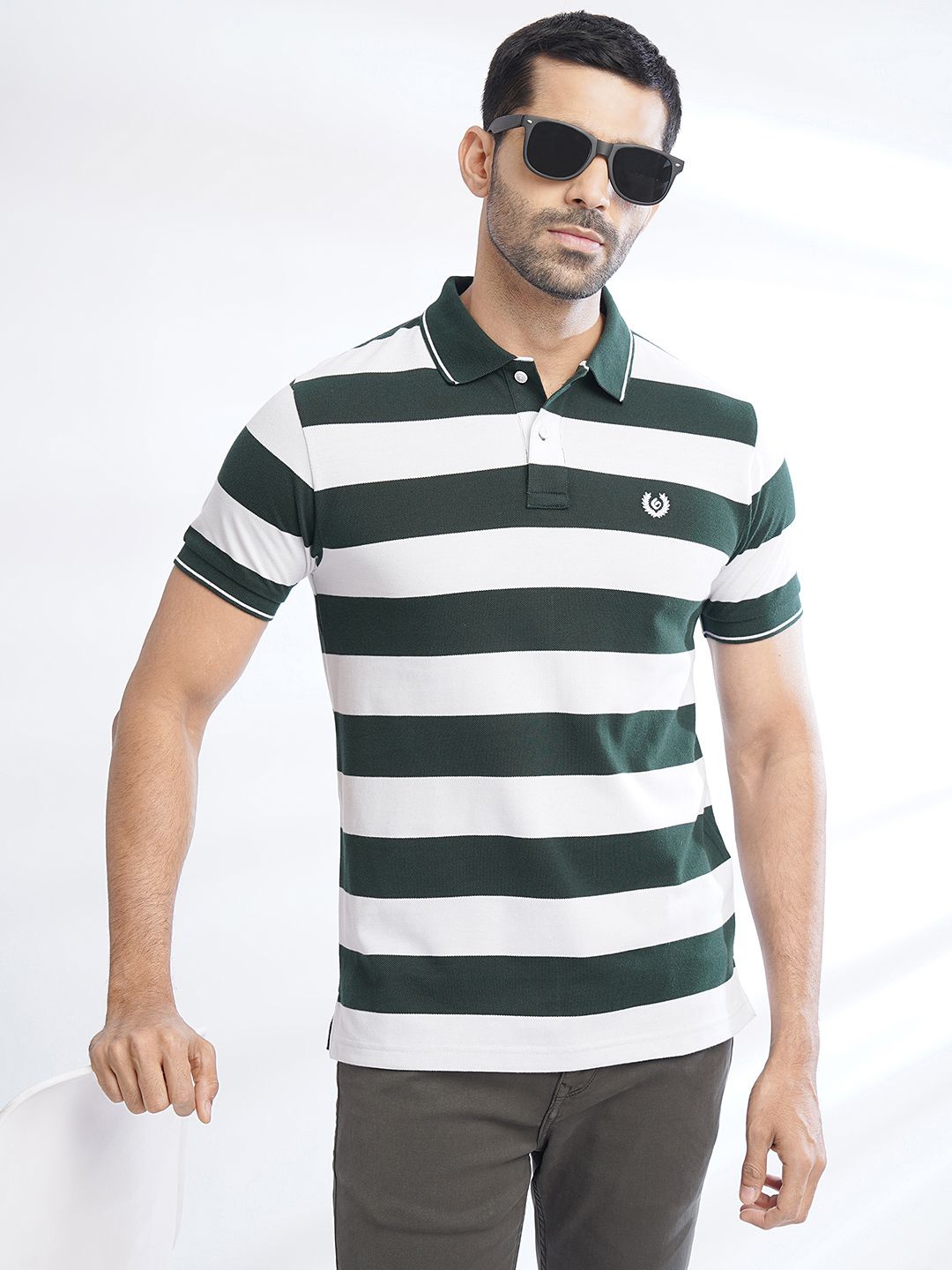 

Greenfibre Striped Short Sleeves Polo Collar Applique Cotton Slim Fit T-shirt, Green