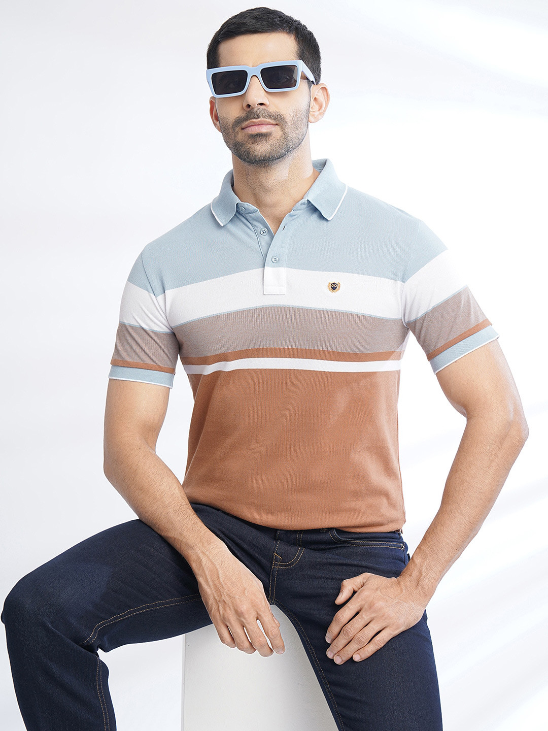 

JADE BLUE Colourblocked Polo Collar Slim Fit Cotton T-Shirt, Brown