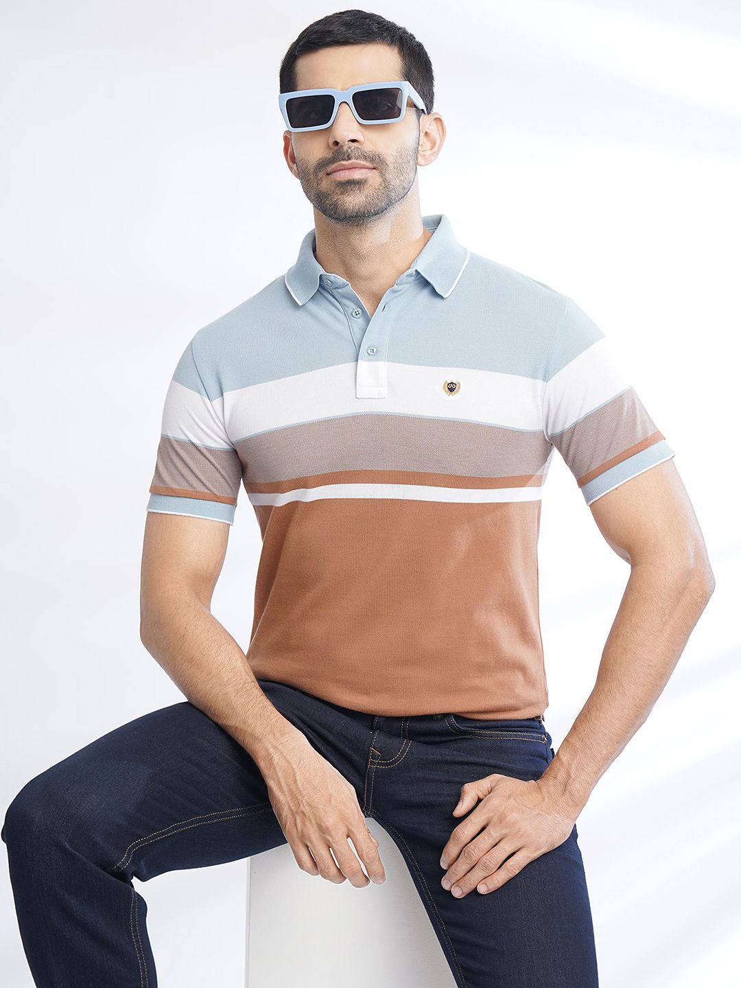 

JADE BLUE Striped Polo Collar Cotton Slim Fit T-shirt