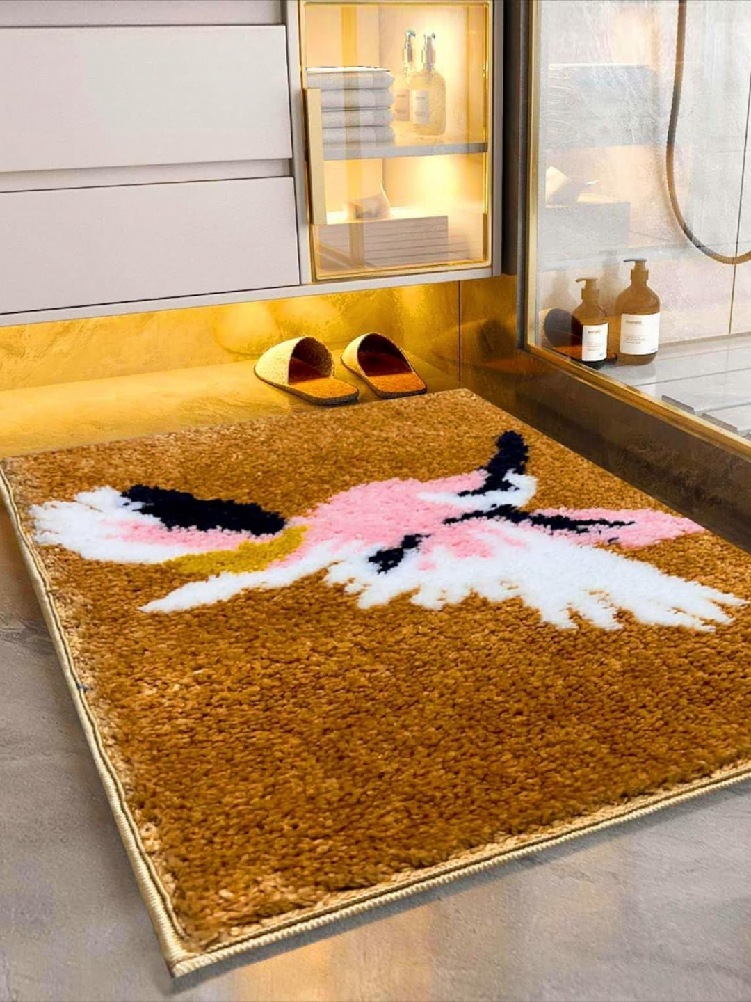 

ROSEATE Beige & Pink Printed 2000 GSM Anti Skid Bath Rug