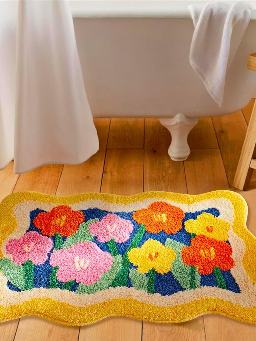 

ROSEATE Yellow & Blue Floral Microfiber 2000 GSM Anti-Skid Bath Rug