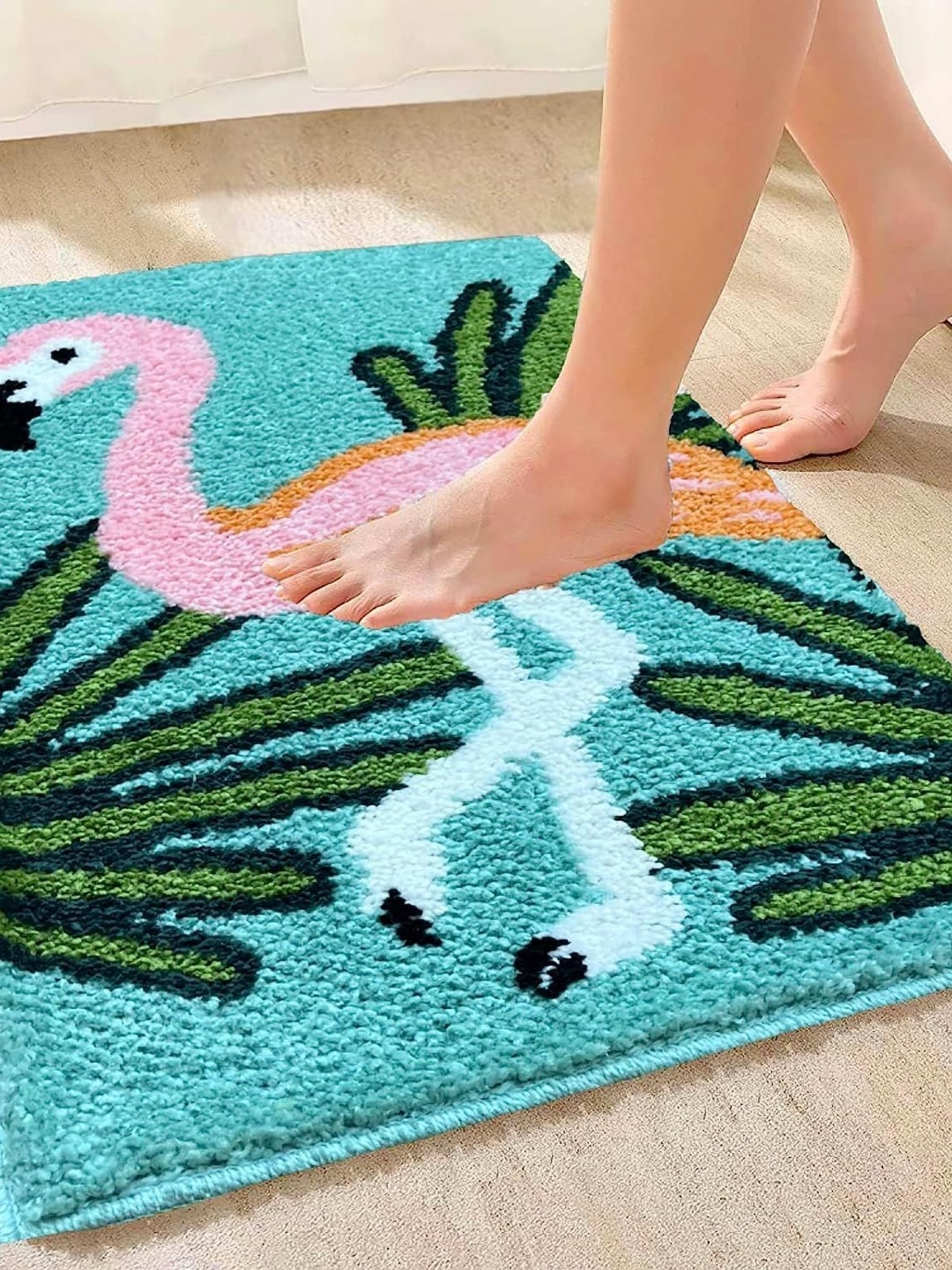 

ROSEATE Green & Pink Flamingo Microfiber 2000 GSM Anti-Skid Bath Rug, Blue