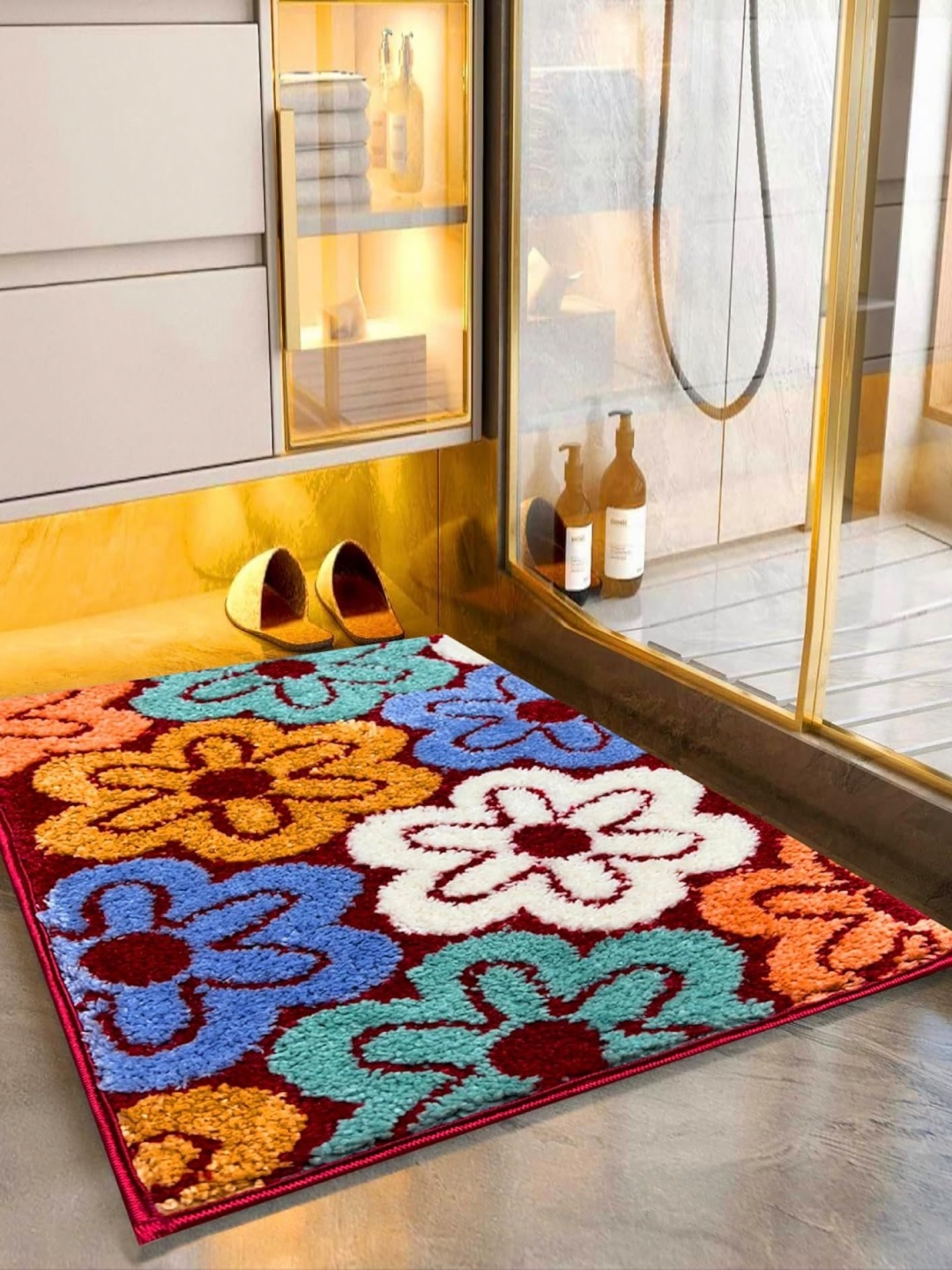 

ROSEATE Maroon & Yellow Printed 2000 GSM Anti Skid Bath Rug