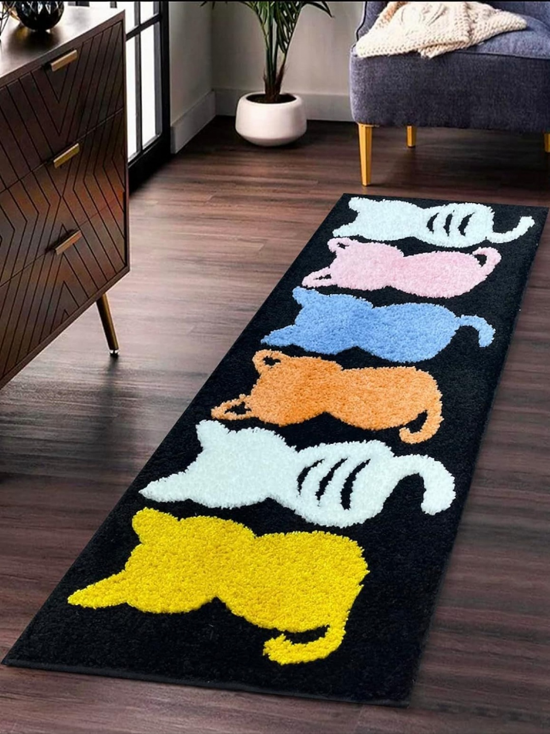 

ROSEATE Black & Yellow Cat Microfiber 2000 GSM Anti-Skid Bath Rug