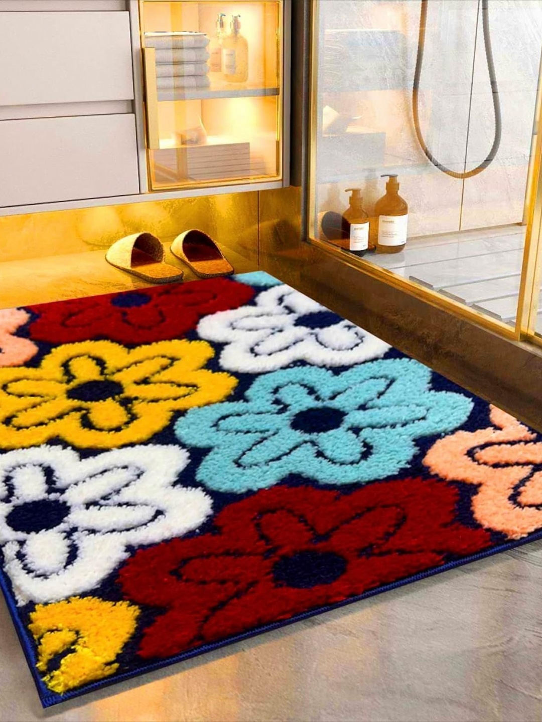 

ROSEATE Blue & Yellow Floral Microfiber 2000 GSM Anti-Skid Bath Rug