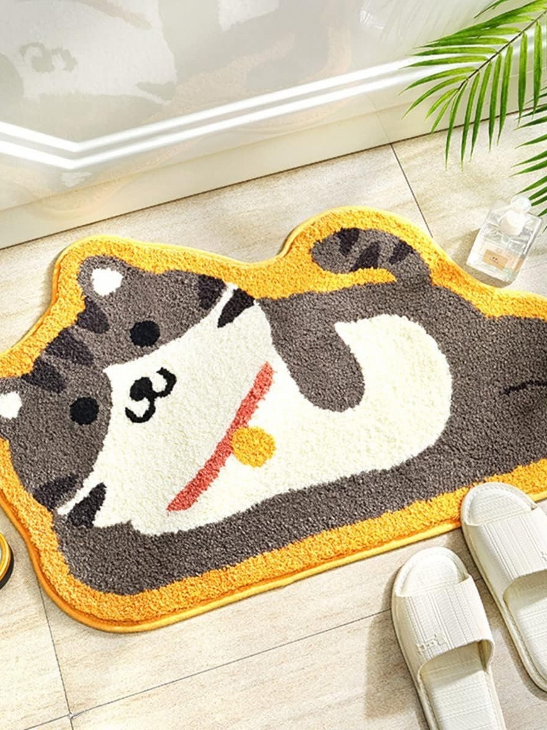 

ROSEATE Grey & Yellow Kitten Microfiber 2000 GSM Anti-Skid Bath Rug