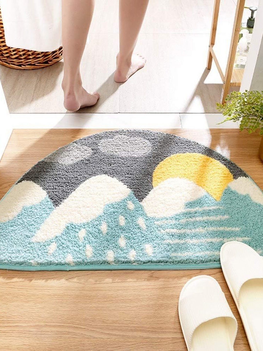 

ROSEATE Grey & Blue Printed 2000 GSM Anti Skid Bath Rug