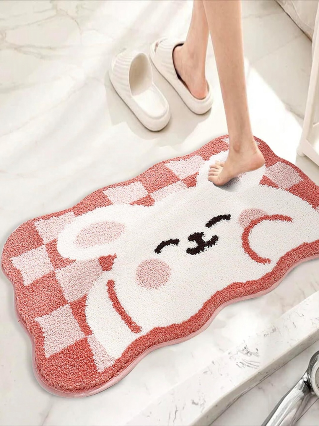 

ROSEATE Pink & White Rabbit Microfiber 2000 GSM Anti-Skid Bath Rug