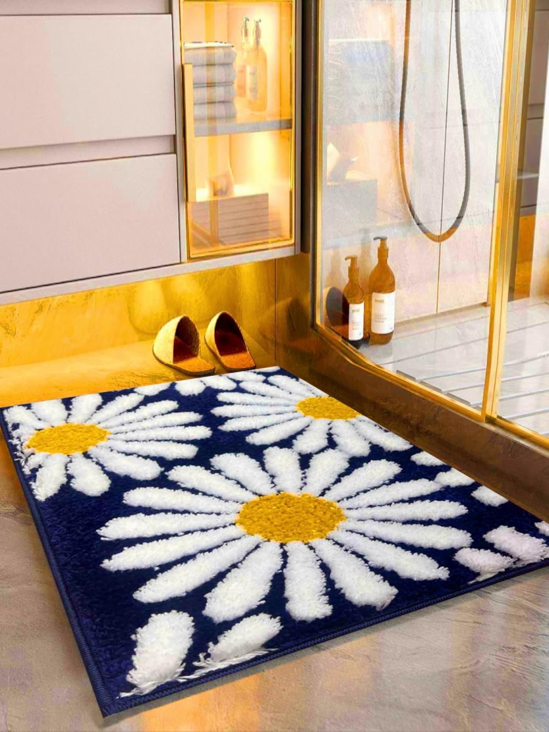 

ROSEATE Blue & white Floral Microfiber 2000 GSM Anti-Skid Bath Rug