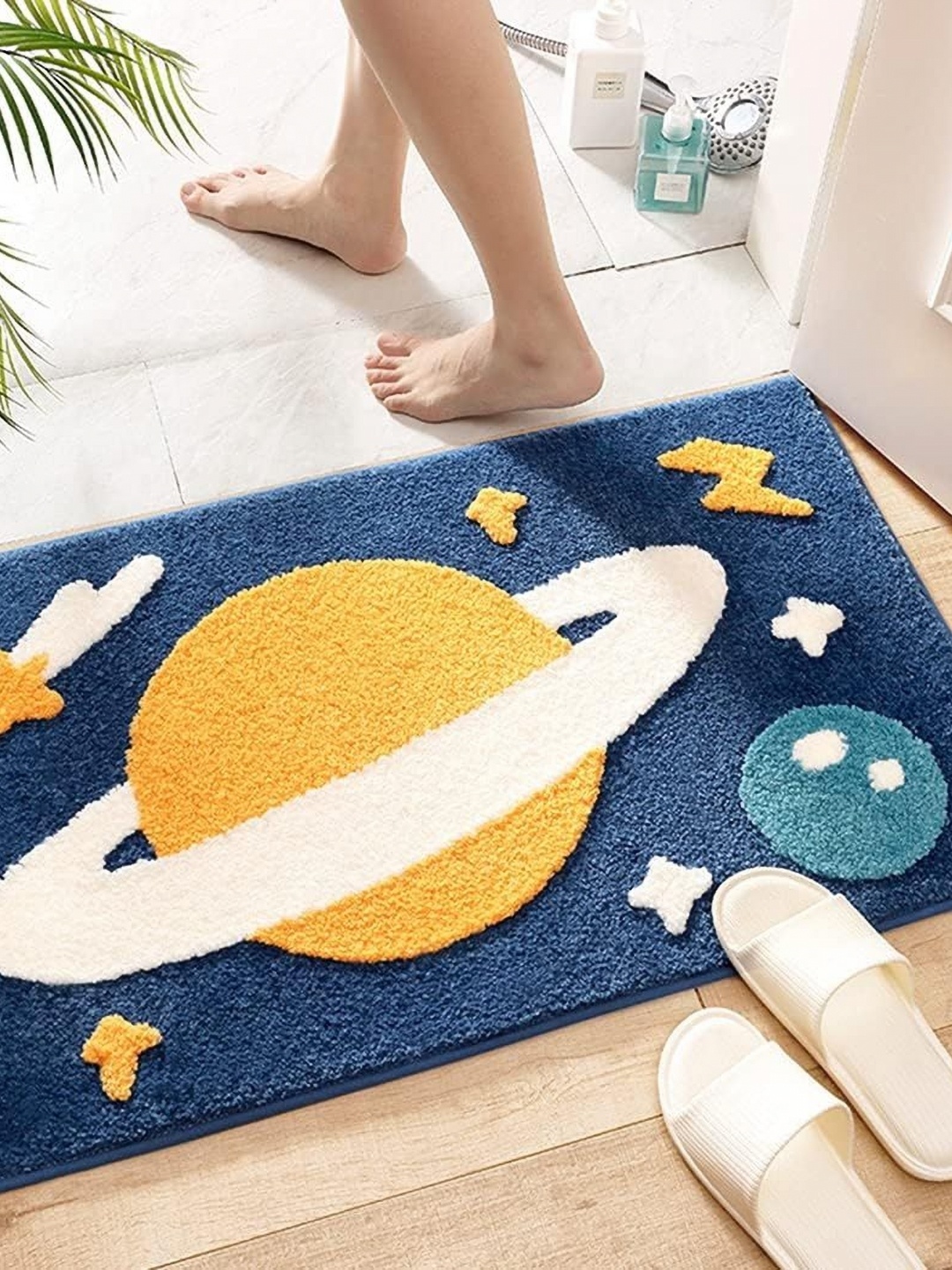 

ROSEATE Grey & Yellow Space Microfiber 2000 GSM Anti-Skid Bath Rug, Blue