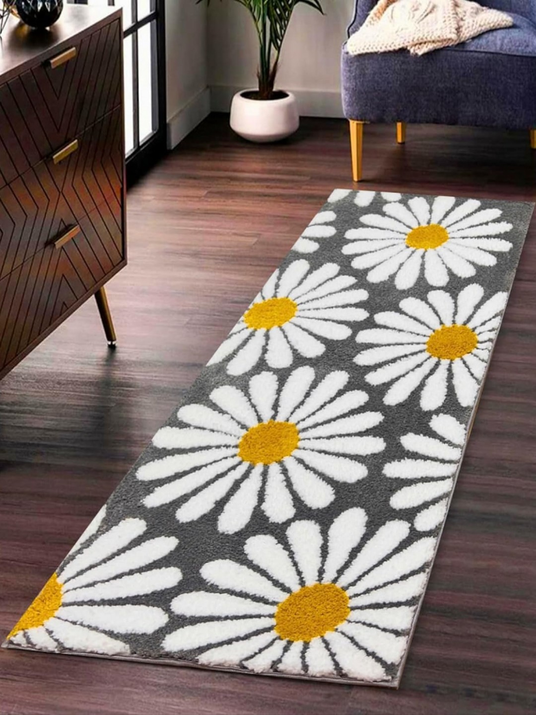 

ROSEATE Grey & White Floral Microfiber Anti Skid Runner