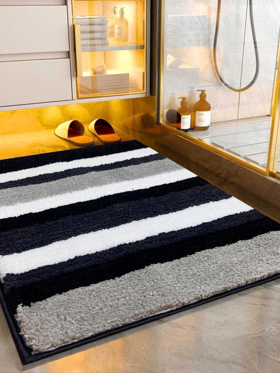 

ROSEATE Grey & Black Striped Microfiber Bath Rugs