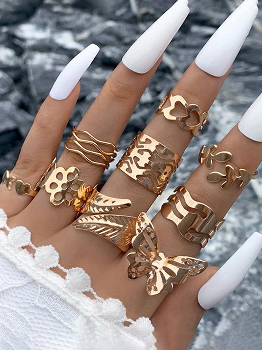 

Jewels Galaxy Set Of 9 Gold Plated Adjustable Finger Rings