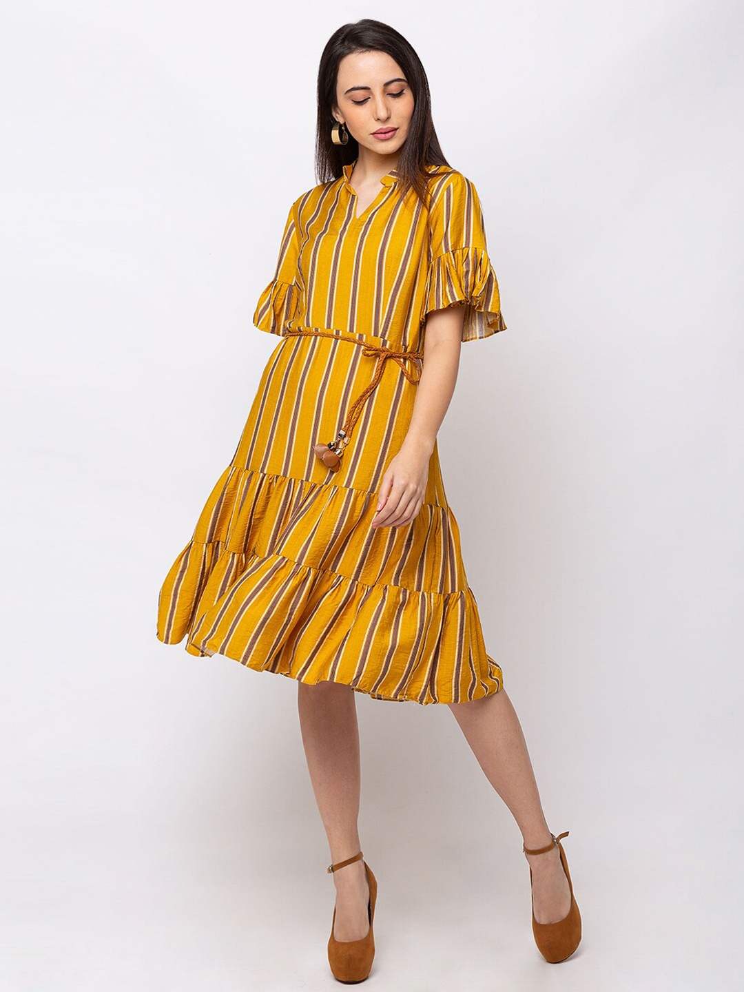 

SHECZZAR Striped Cotton A-Line Dress, Yellow