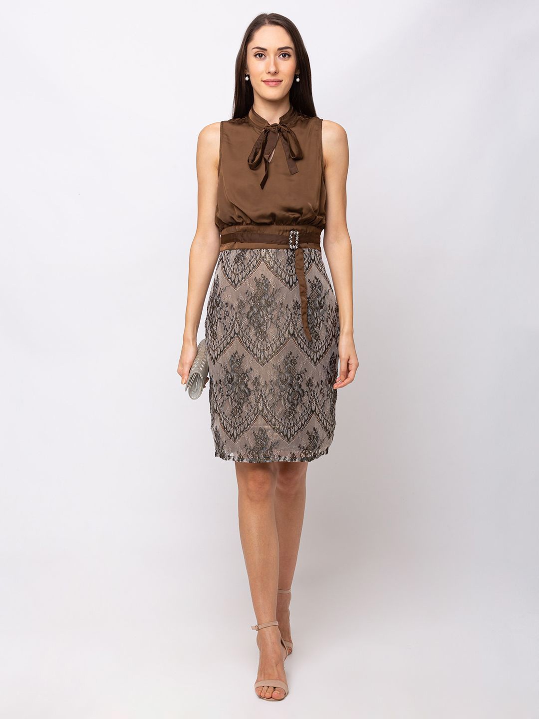

SHECZZAR Animal Tie-Up Neck Sleeveless Satin Sheath Dress, Brown