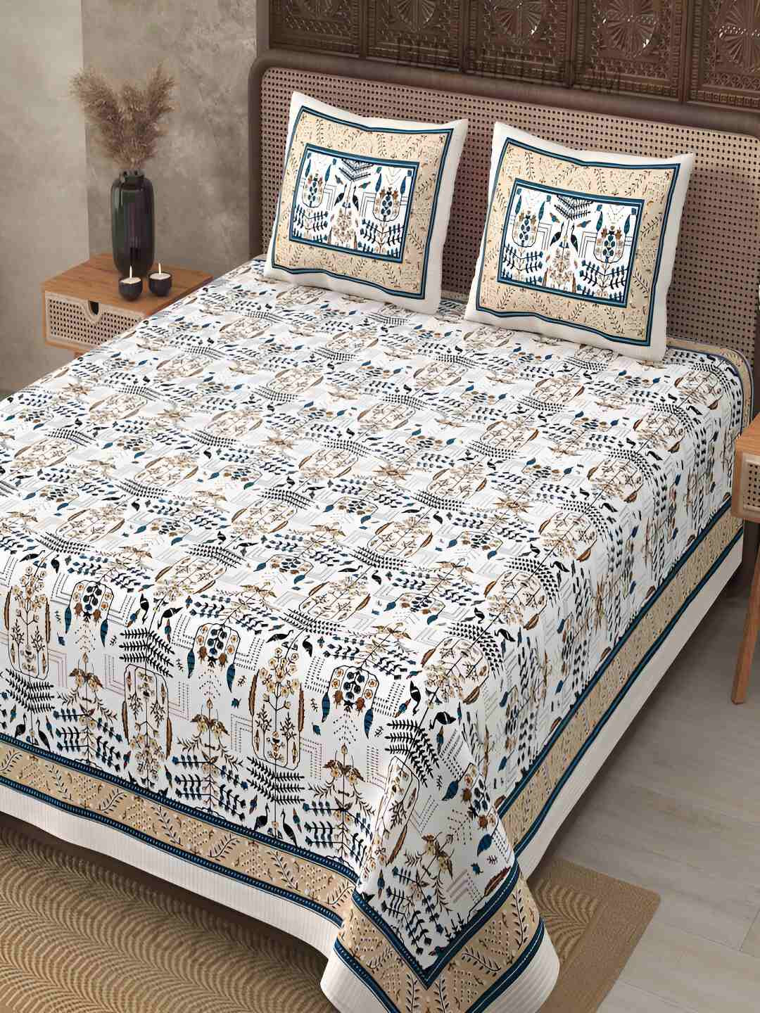 

BED-SHEET.COM Grey & White Ethnic Motifs Cotton 240 TC King Bedsheet With 2 Pillow Covers