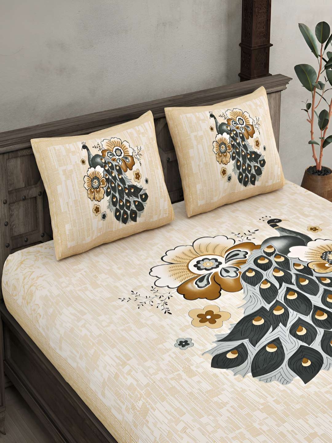 

BED-SHEET.COM Beige & White Graphic Cotton 140 TC King Bedsheet With 2 Pillow Covers