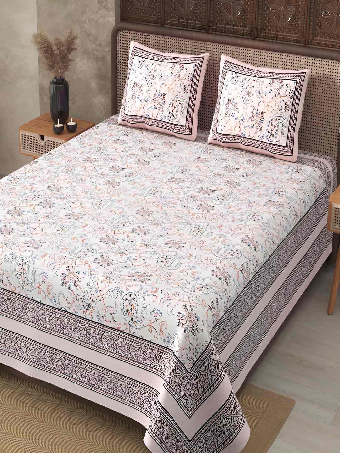 

BED-SHEET.COM Peach & White Floral Cotton 240 TC King Bedsheet With 2 Pillow Covers