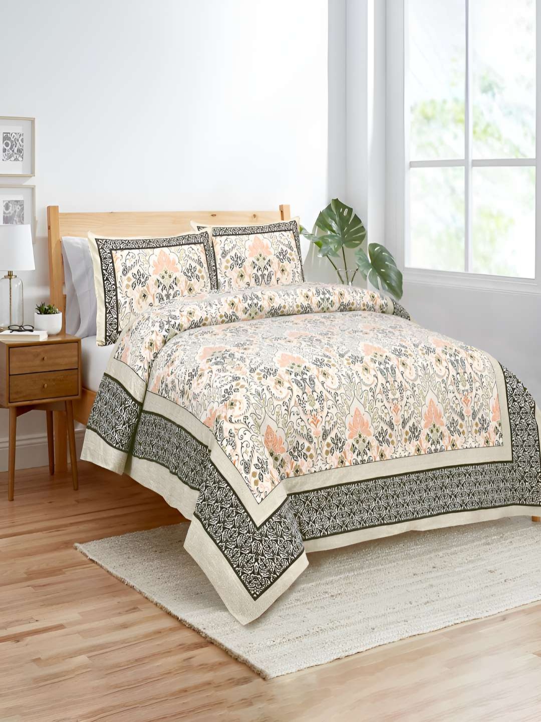 

BED-SHEET.COM Sea Green & White Floral 140 TC King Bedsheet With 2 Pillow Covers