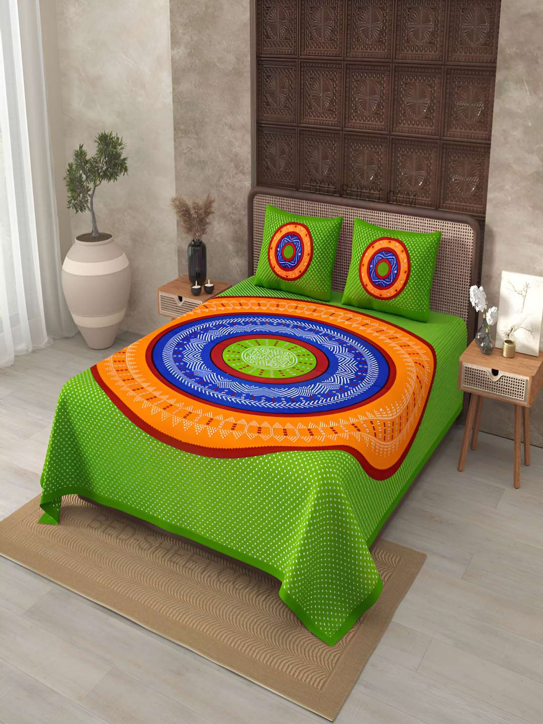 

BED-SHEET.COM Green & Blue Ethnic Motifs 240 TC Cotton King Bedsheet With 2 Pillow Covers